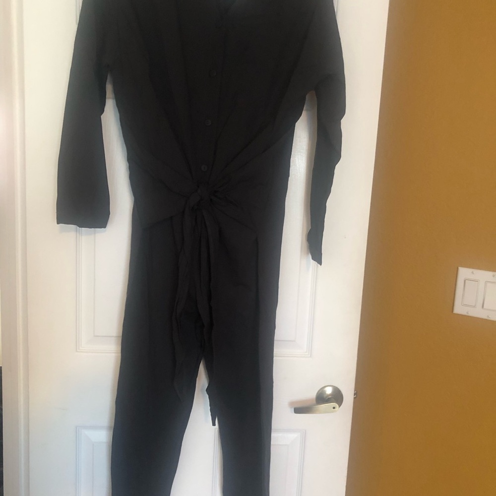 Zara Black Button-Front Tie-Waist Jumpsuit